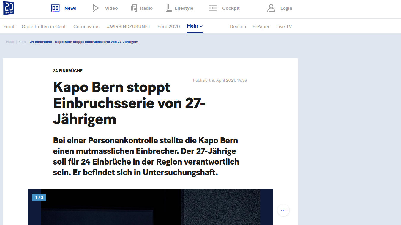 Kapo Bern stoppt Einbruchsserie von 27-Jährigem