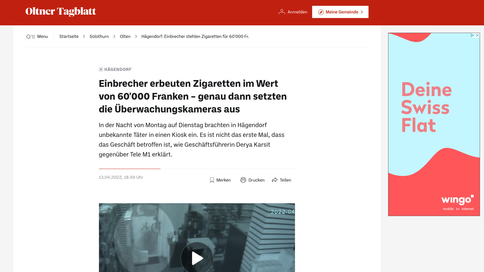 Solothurn: Einbrecher erbeuten Zigaretten im Wert von 60'000 Franken – genau dann setzten die Überwachungskameras aus