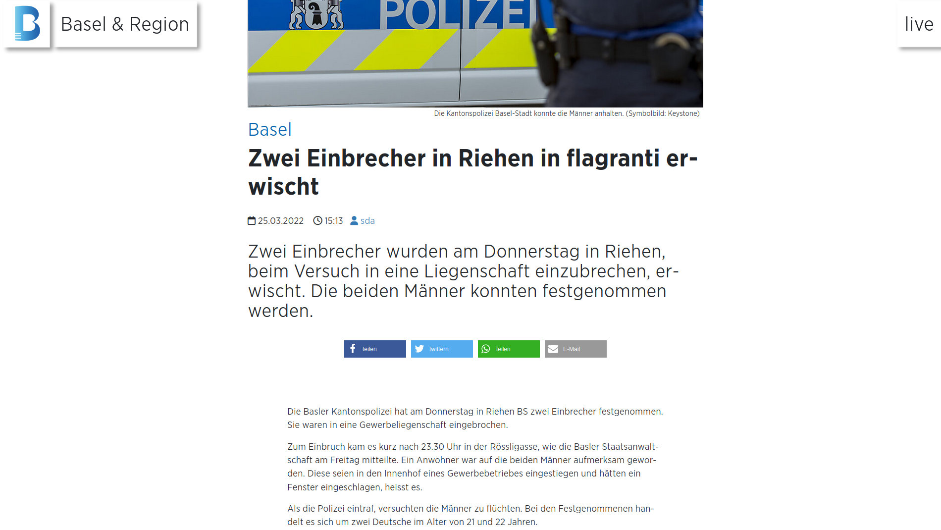 Basel: Zwei Einbrecher in Riehen in flagranti erwischt