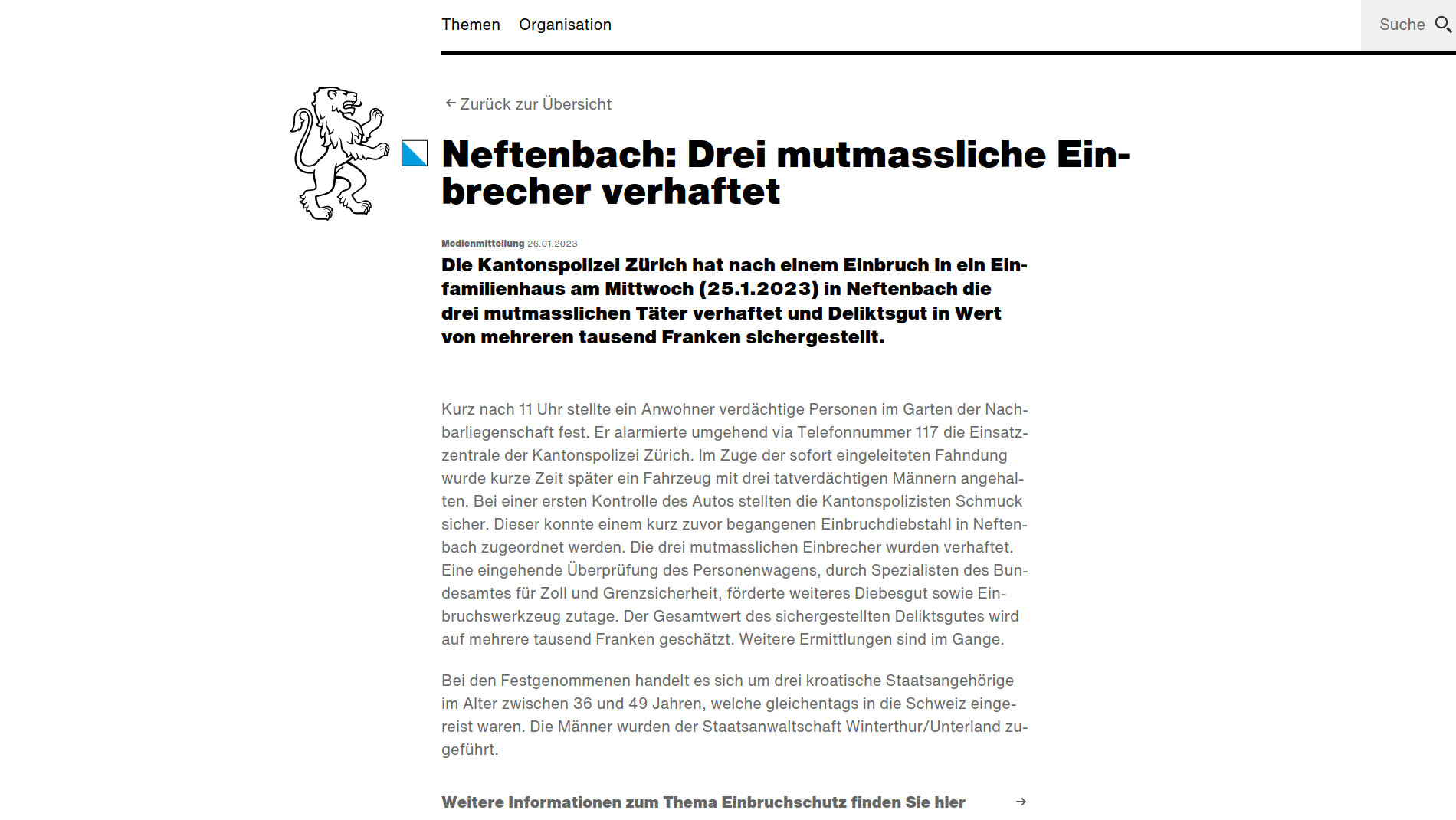 Neftenbach Zürich: Drei mutmassliche Einbrecher verhaftet
